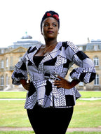 White & Black African Print Peplum Wrap Top