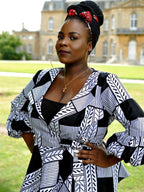 White & Black African Print Peplum Wrap Top
