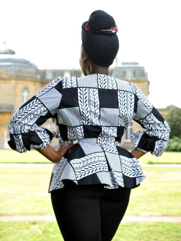 White & Black African Print Peplum Wrap Top