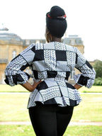 White & Black African Print Peplum Wrap Top
