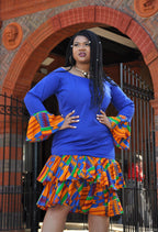 Blue Bodycon African Print Ruffle Hem Dress