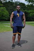 Blue & African Print Trim Short Pants Matching Set / Co-ord