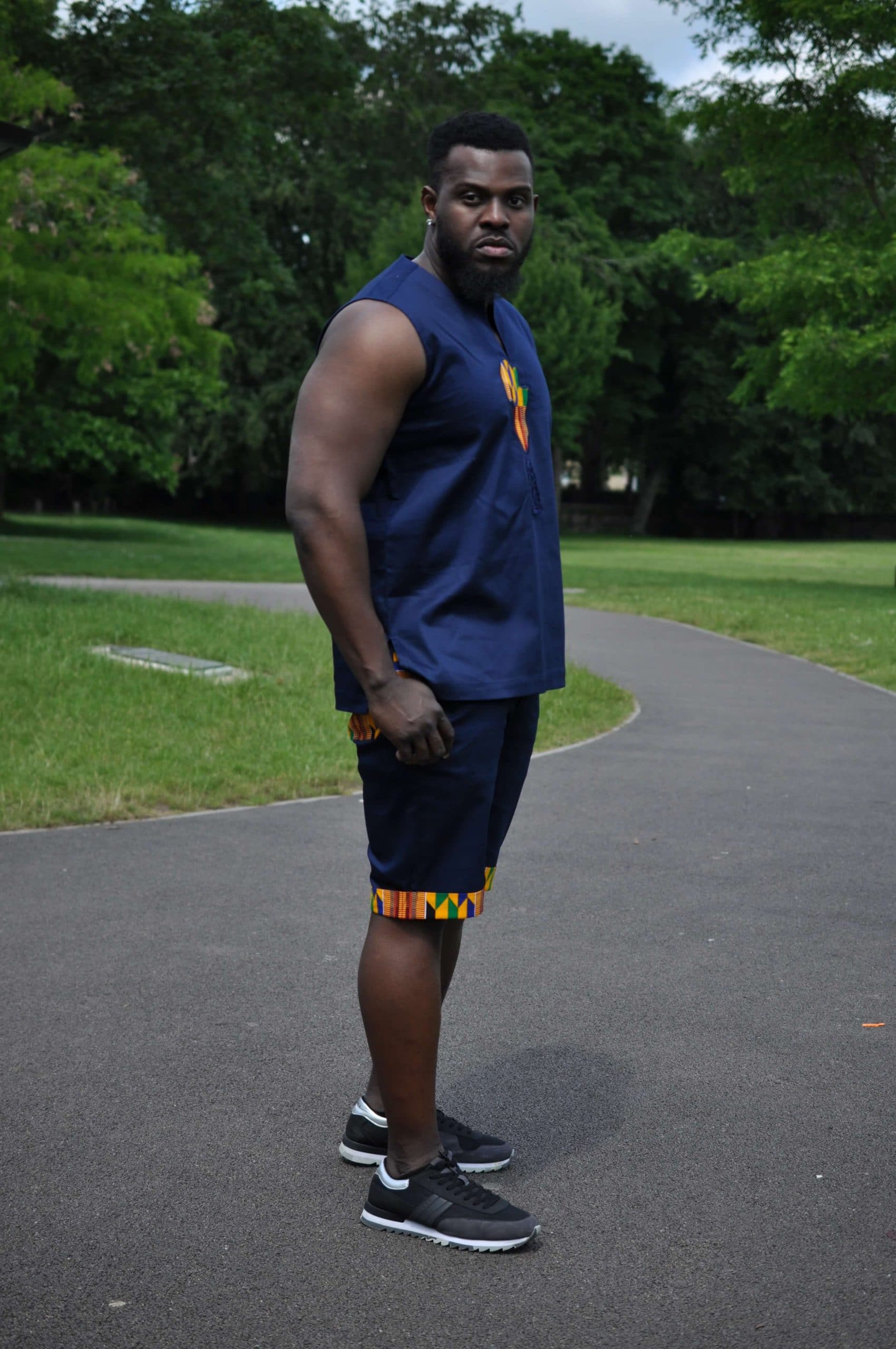 Blue & African Print Trim Short Pants Matching Set / Co-ord