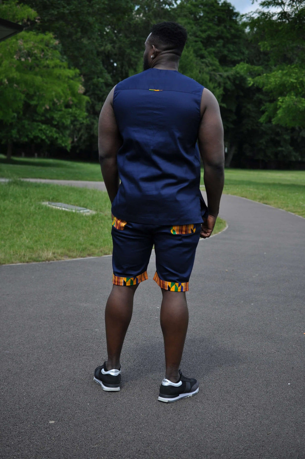 Blue & African Print Trim Short Pants Matching Set / Co-ord