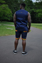 Blue & African Print Trim Short Pants Matching Set / Co-ord