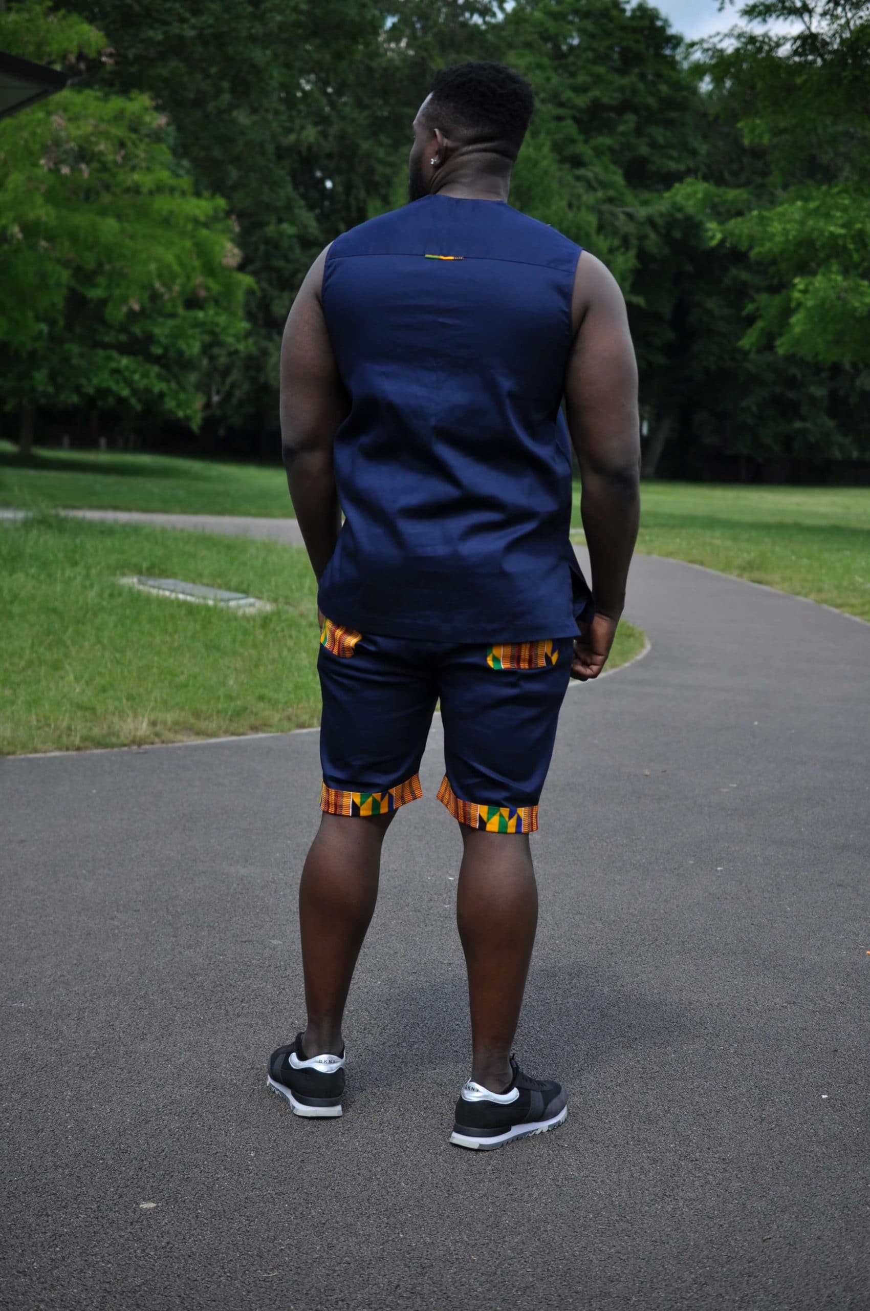 Blue & African Print Trim Short Pants Matching Set / Co-ord