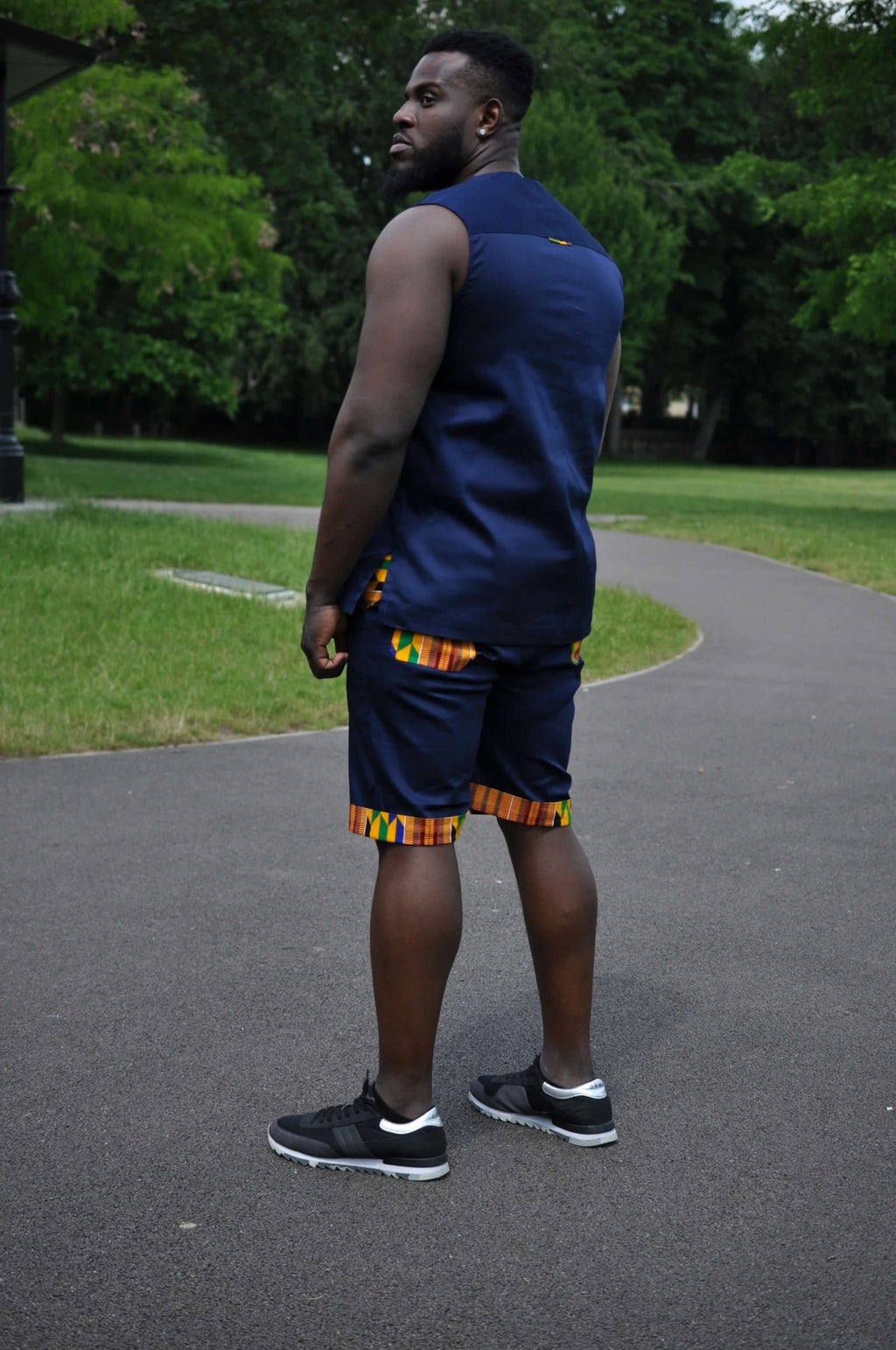Blue & African Print Trim Short Pants Matching Set / Co-ord