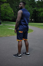 Blue & African Print Trim Short Pants Matching Set / Co-ord