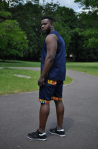 Blue & African Print Trim Short Pants Matching Set / Co-ord