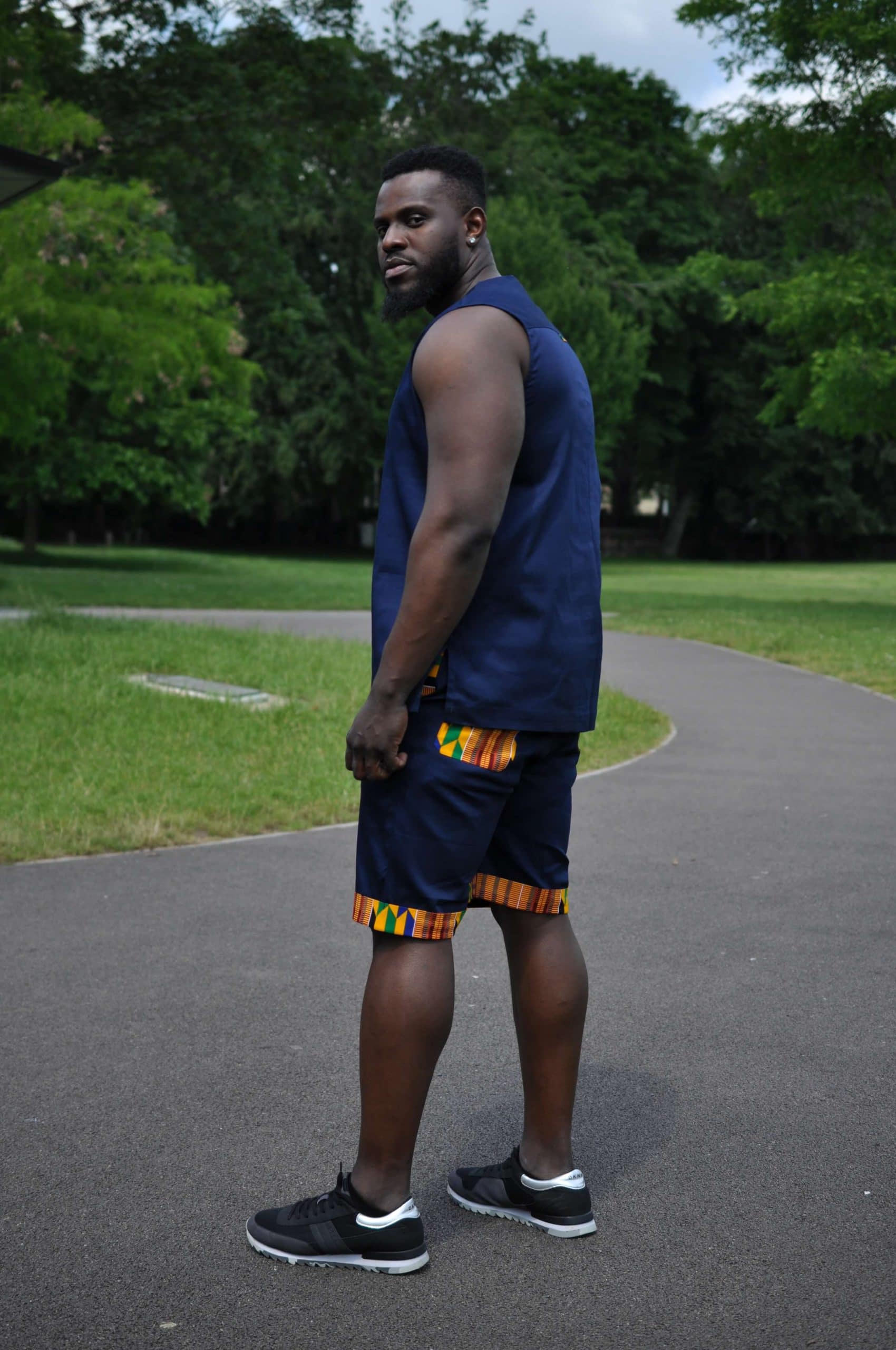 Blue & African Print Trim Short Pants Matching Set / Co-ord