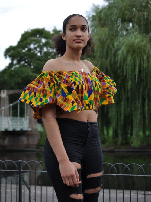 African Print Butterfly Sleeve Crop Top