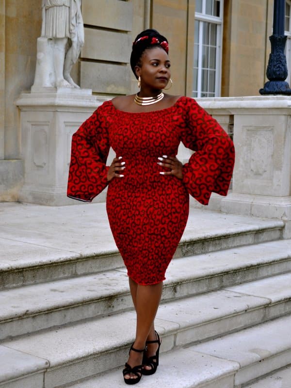 Beautiful Dalmar Red Ankara Wide Sleeve Body-con Dress