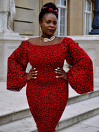 Beautiful Dalmar Red Ankara Wide Sleeve Body-con Dress