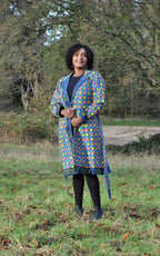 African Ankara Blue & Multi Midi Length Tie-up Coat