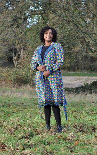 African Ankara Blue & Multi Midi Length Tie-up Coat