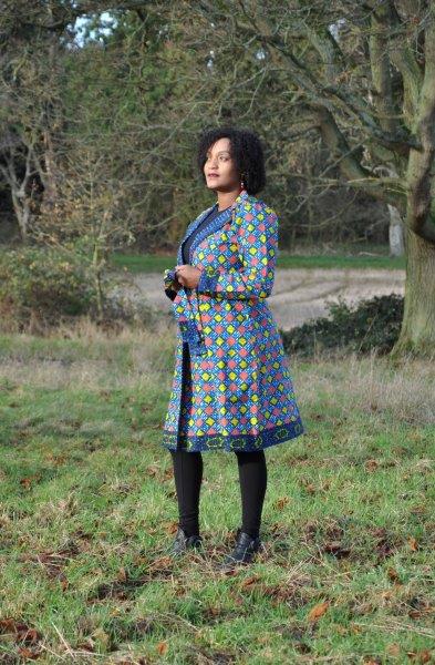 African Ankara Blue & Multi Midi Length Tie-up Coat