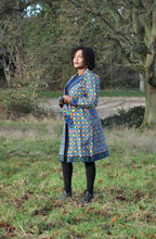African Ankara Blue & Multi Midi Length Tie-up Coat