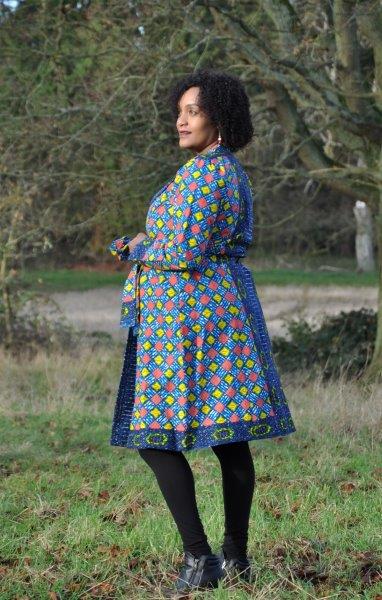 African Ankara Blue & Multi Midi Length Tie-up Coat
