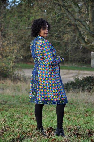 African Ankara Blue & Multi Midi Length Tie-up Coat