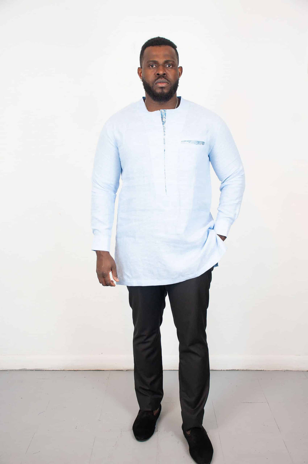 Yaro Light Blue Long Sleeve Linen Polo Shirt