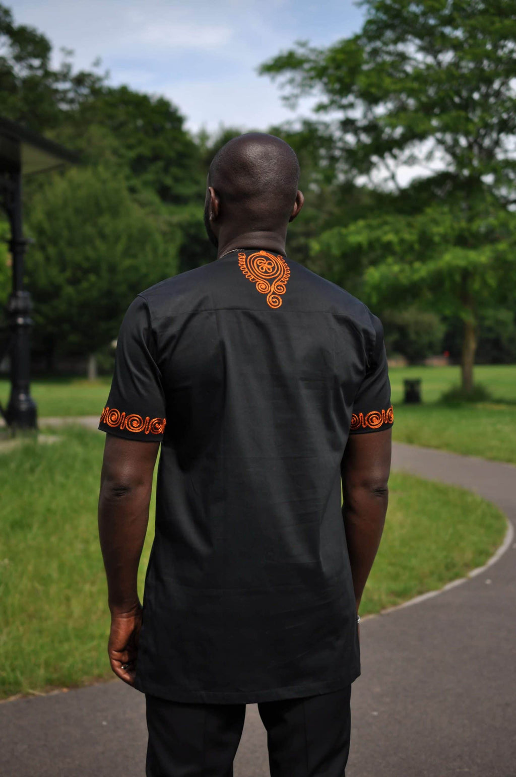 Akwesi Men's Black & Orange Embroidery Shirt