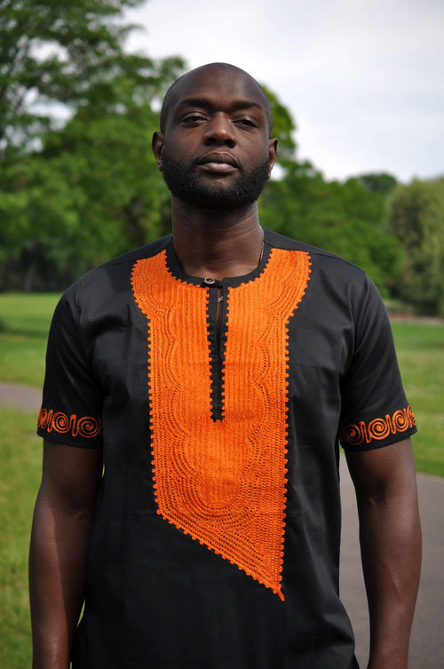 Akwesi Men's Black & Orange Embroidery Shirt