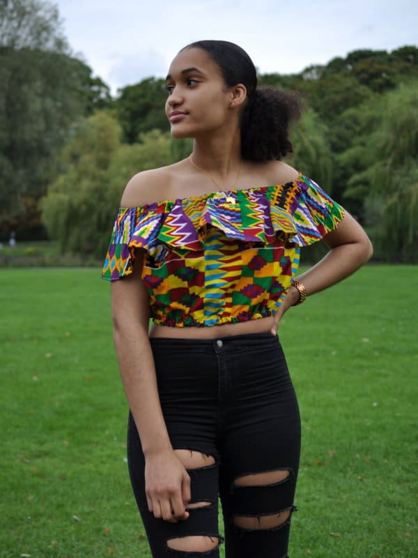 African Print Off Shoulder Frill Crop Top