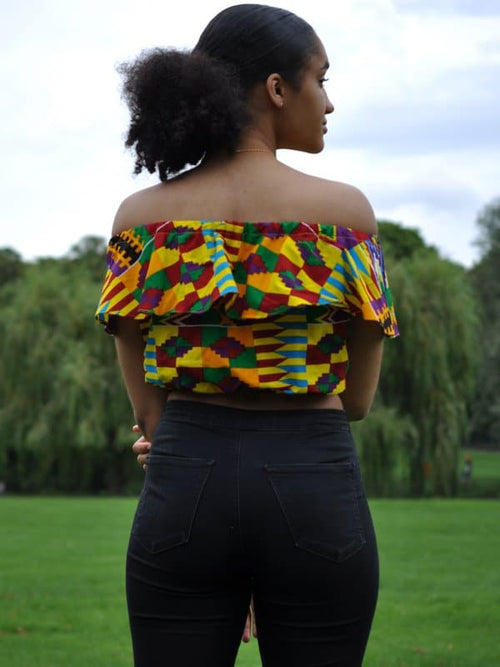 African Print Off Shoulder Frill Crop Top