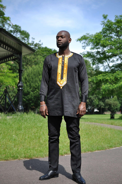 Amadi Men's Black & Gold Embroidery Shirt