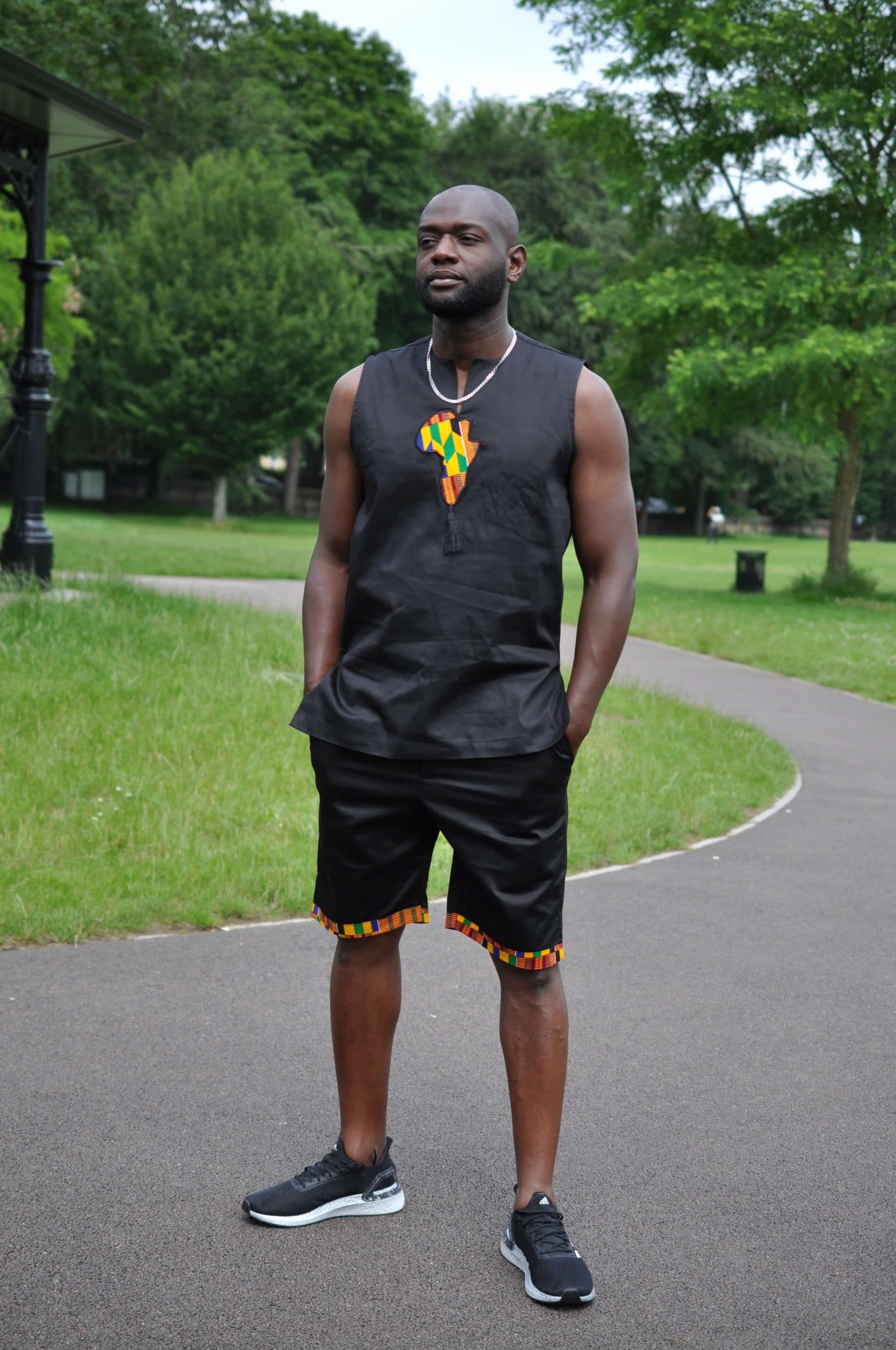 Black & African Print Trim Short Pants Matching Set / Co-ord