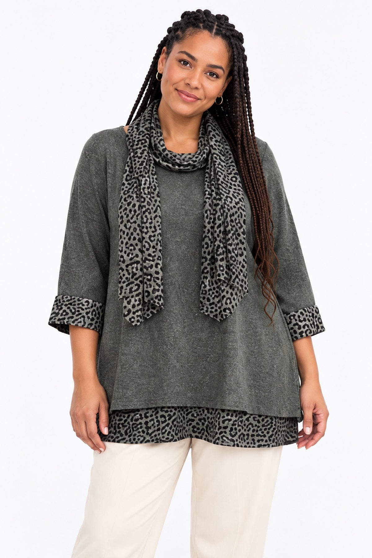 Women's Leopard Print Trim Tunic Top with Matching Scarf – Relaxed Fit – 11 Colours