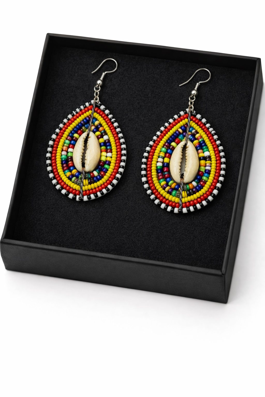 Handmade African Beaded Cowrie Shell Drop Earrings