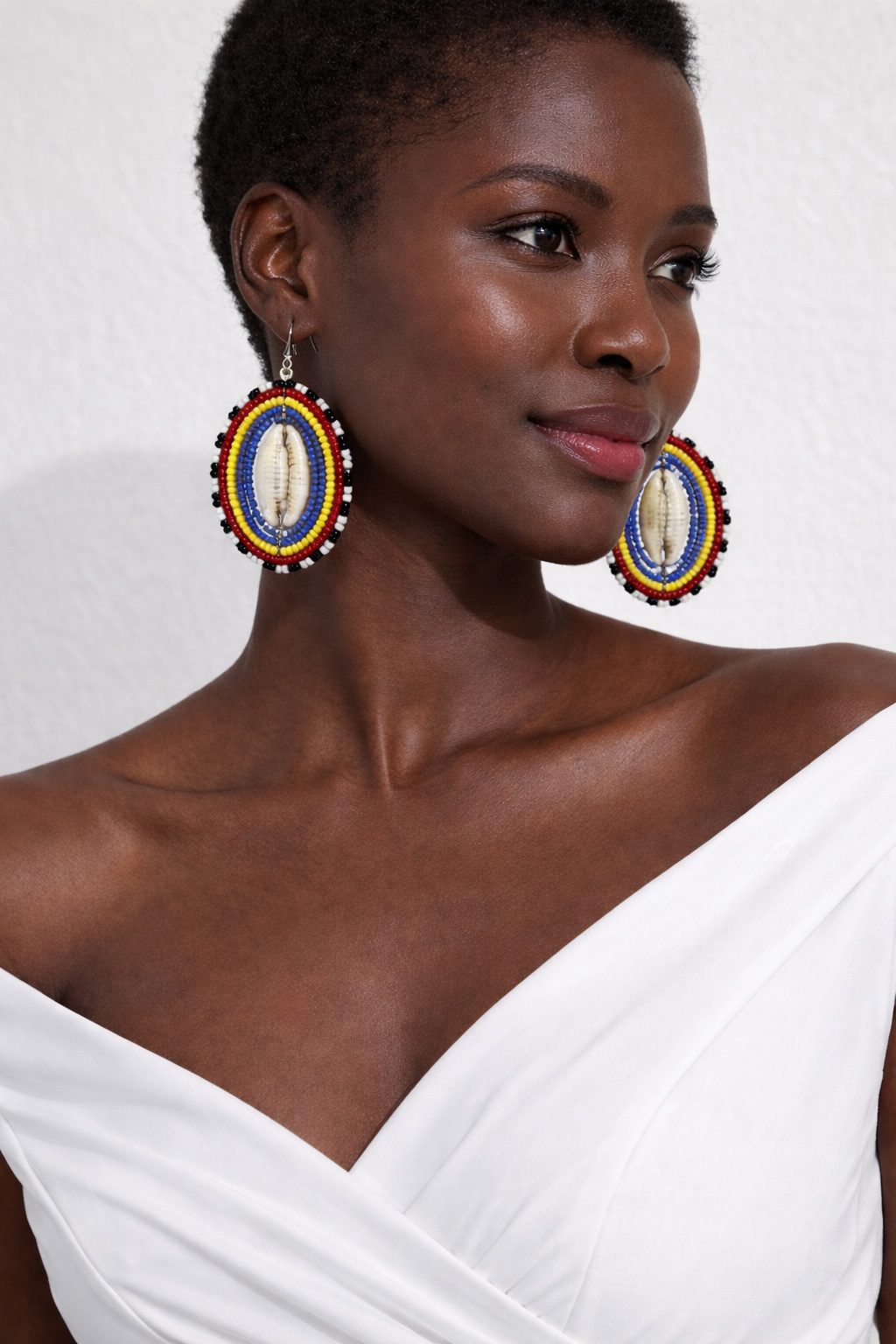 African Beaded Cowrie Shell Statement Earrings