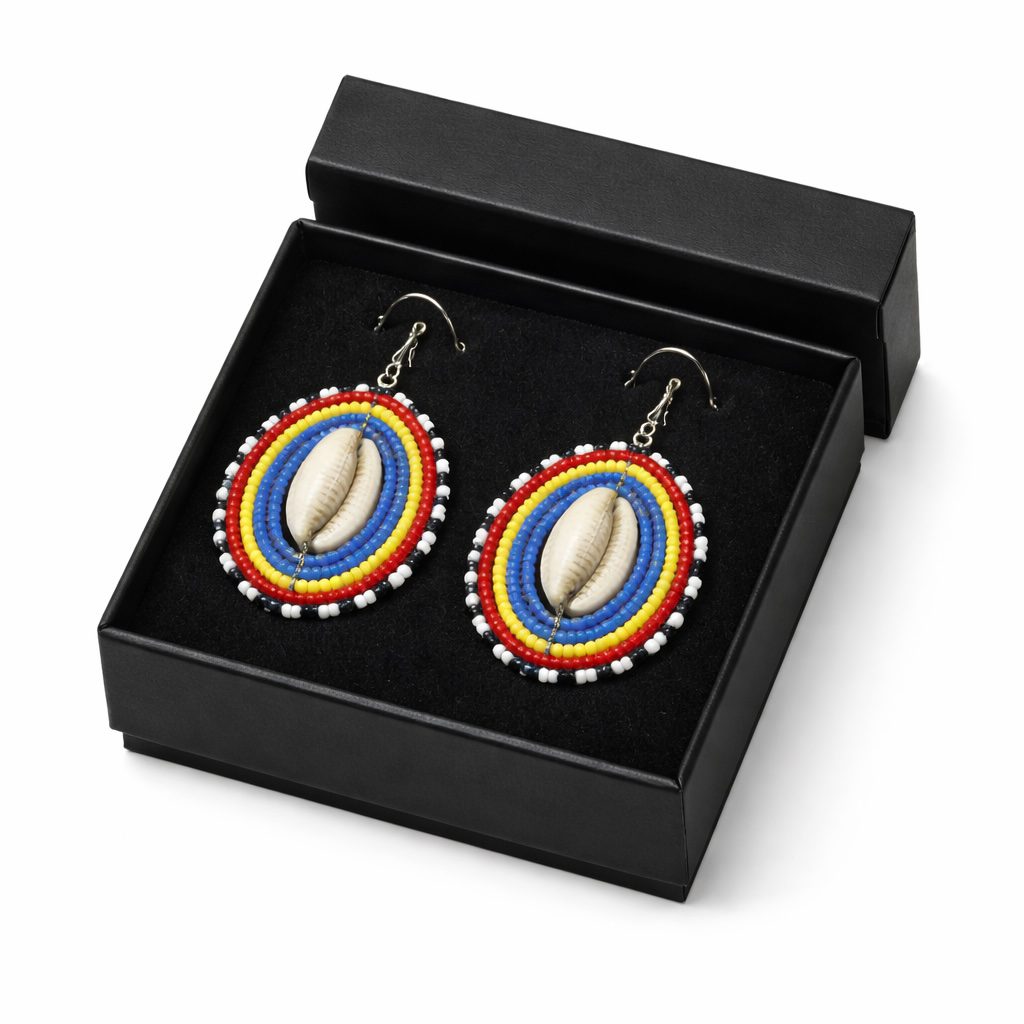 African Beaded Cowrie Shell Statement Earrings