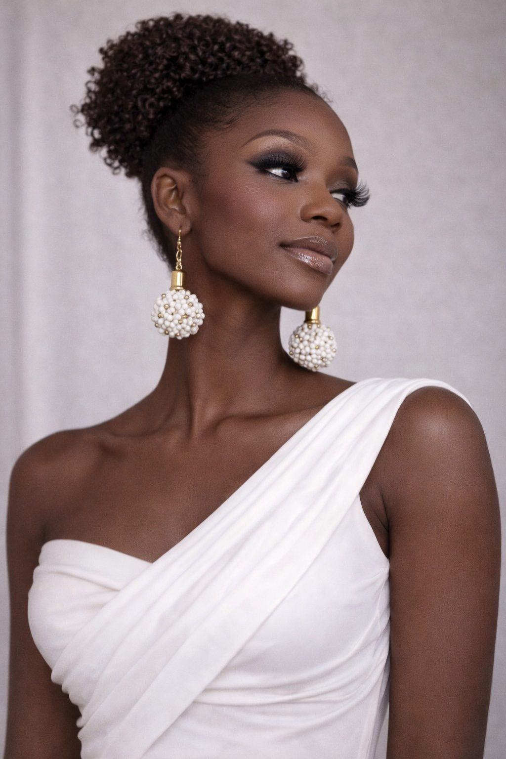 White Beaded Drop Earrings with Gold Accent