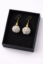 White Beaded Drop Earrings with Gold Accent