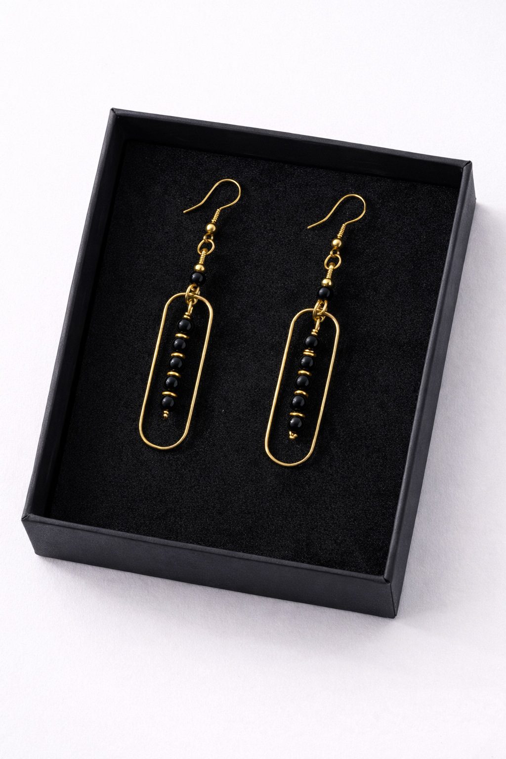 Modern Black Bead Gold Frame Drop Earrings