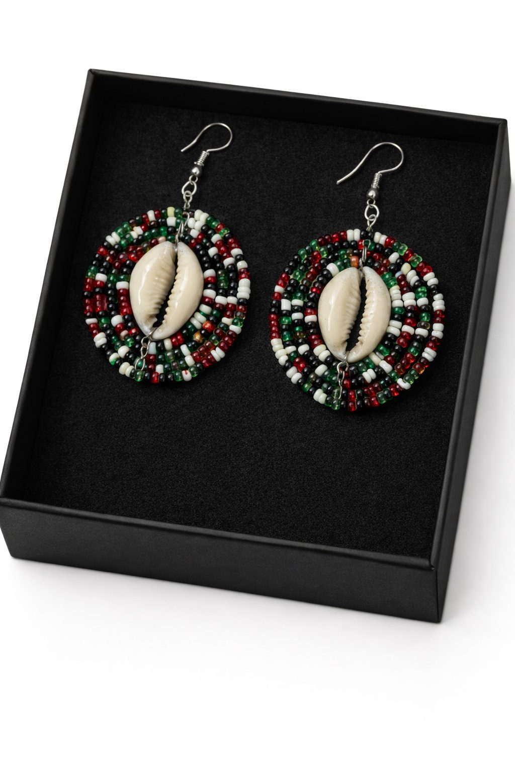 Handmade African Beaded Cowrie Shell Hoop Earrings