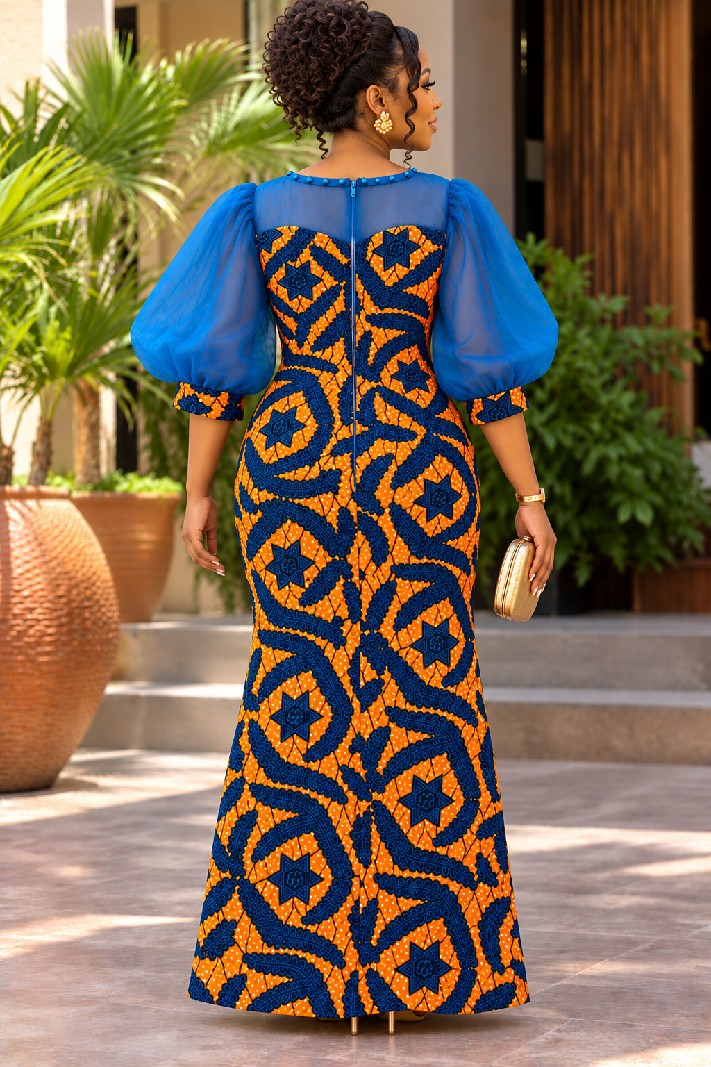 Nicole African Print Maxi Dress with Sheer Puff Sleeves & Front Slit