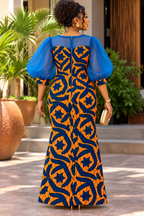 Nicole African Print Maxi Dress with Sheer Puff Sleeves & Front Slit