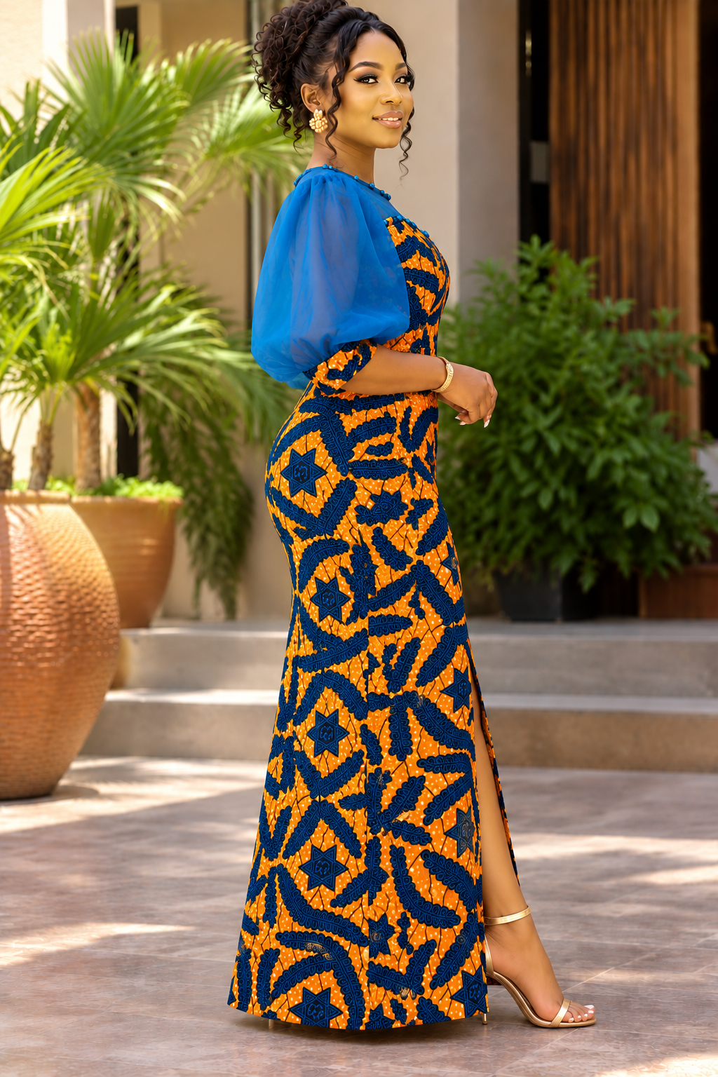 Nicole African Print Maxi Dress with Sheer Puff Sleeves & Front Slit
