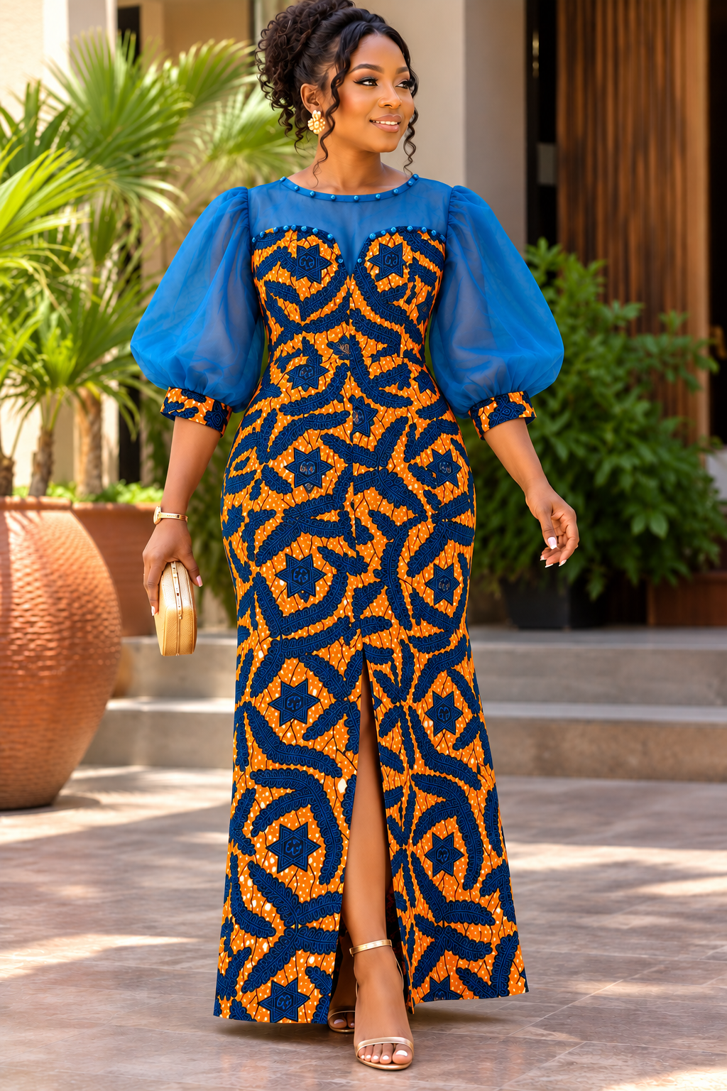 Nicole African Print Maxi Dress with Sheer Puff Sleeves & Front Slit