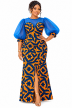 Nicole African Print Maxi Dress with Sheer Puff Sleeves & Front Slit