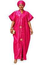 Adufe Fuchsia Pink Satin Maxi Kaftan Dress – Elegant African Boubou with Gold Embellishments