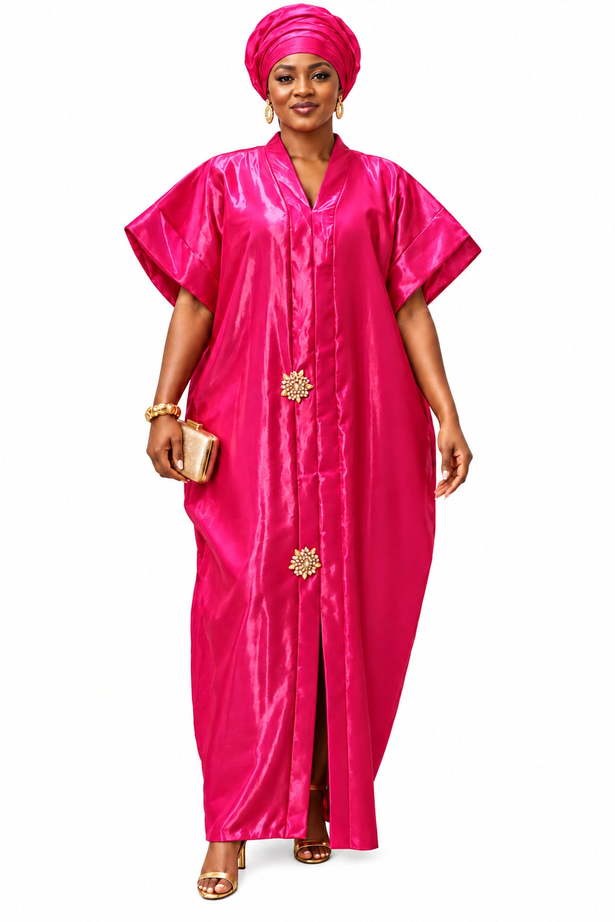 Adufe Fuchsia Pink Satin Maxi Kaftan Dress – Elegant African Boubou with Gold Embellishments