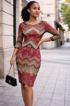Burgundy Bodycon Midi Dress with Ornamental Print