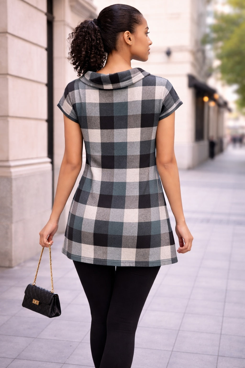 Grey Check Tunic Top with Cowl Neck Detail