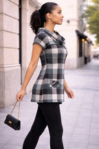 Grey Check Tunic Top with Cowl Neck Detail
