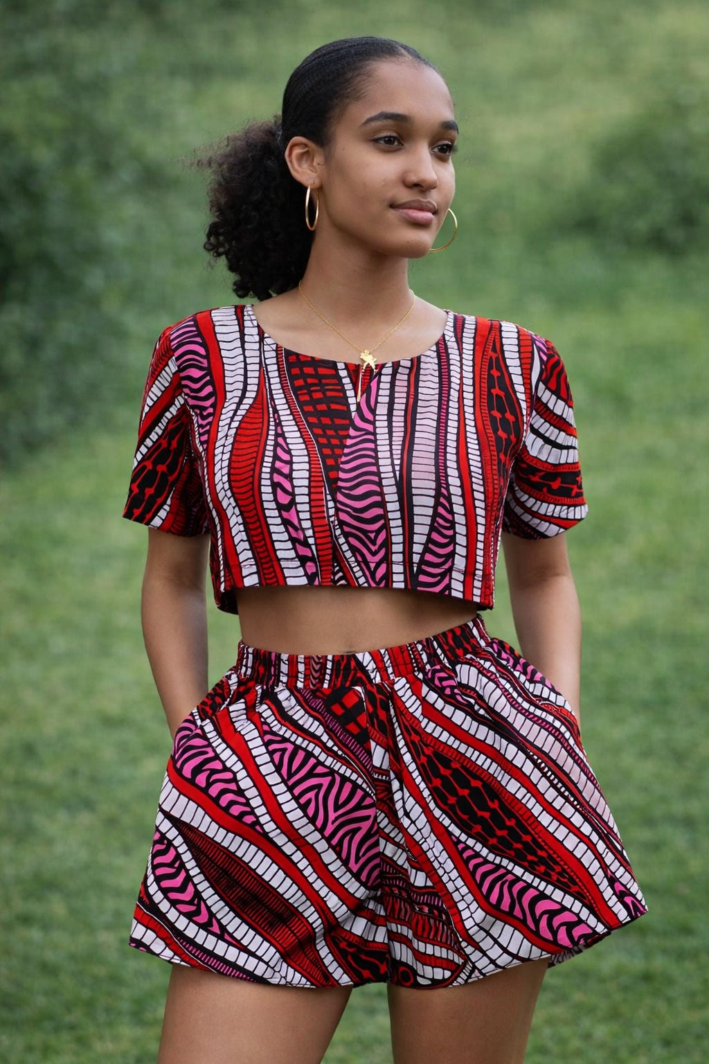 Women’s Red Pink African Print Crop Top and Shorts Set