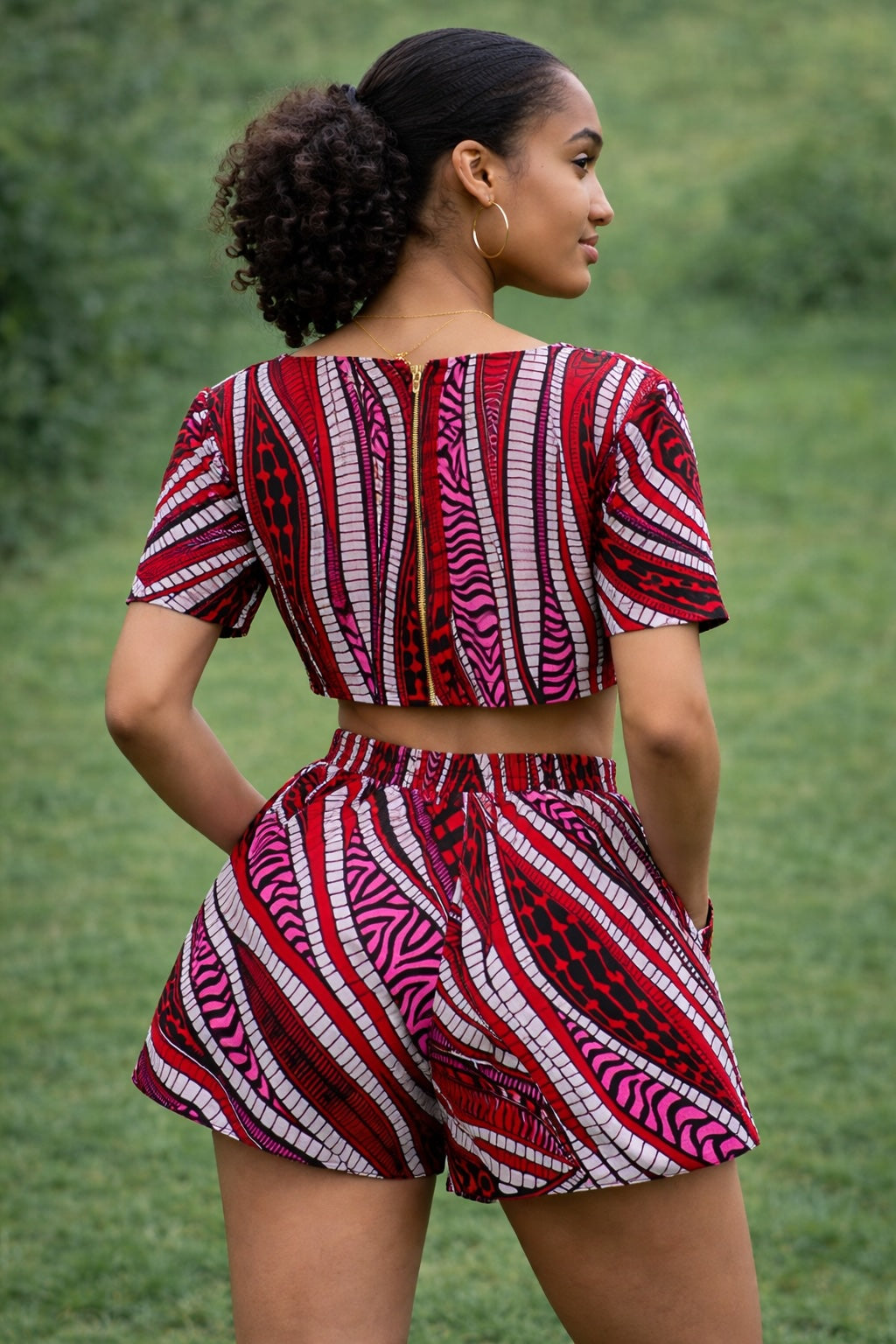 Women’s Red Pink African Print Crop Top and Shorts Set